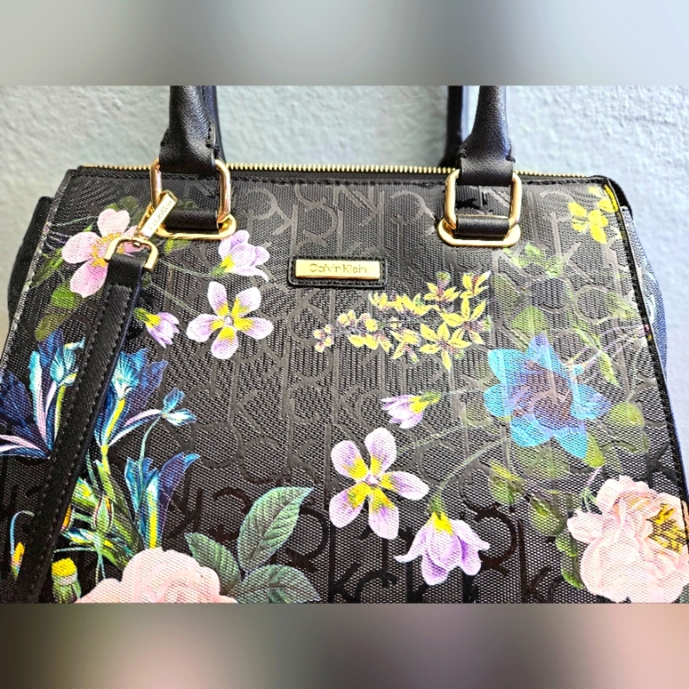 Leather Calvin Klein Black and Multi Color Floral Purse